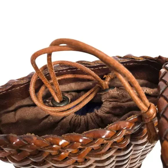Vintage Ellepi Woven Bucket Bag Brown Leather Crossbody Drawstring Cottagecore - Picture 4 of 16
